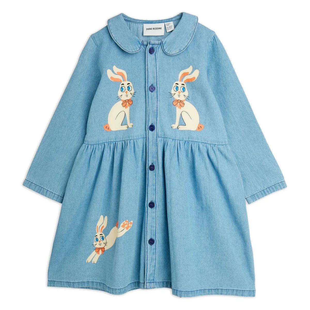 Mini Rodini - Vestido denim de algodón orgánico con estampado de conejo | Azul