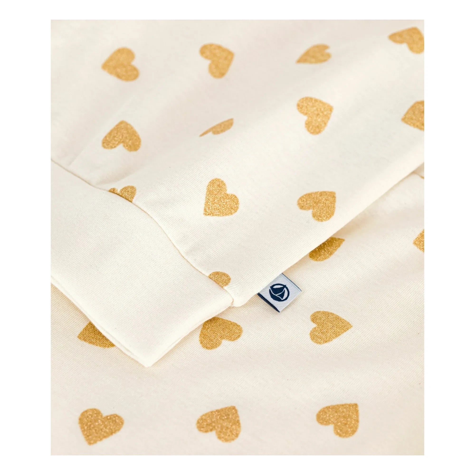 Petit Bateau - Organic Cotton Plain Pajama Set, Sequined Hearts | Ecru