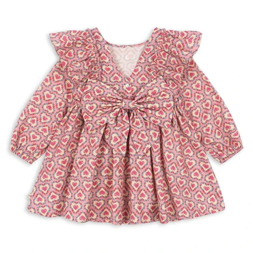 Konges Sløjd - Vestido con Volantes y Estampado de Corazones de Algodón Orgánico | Rosa