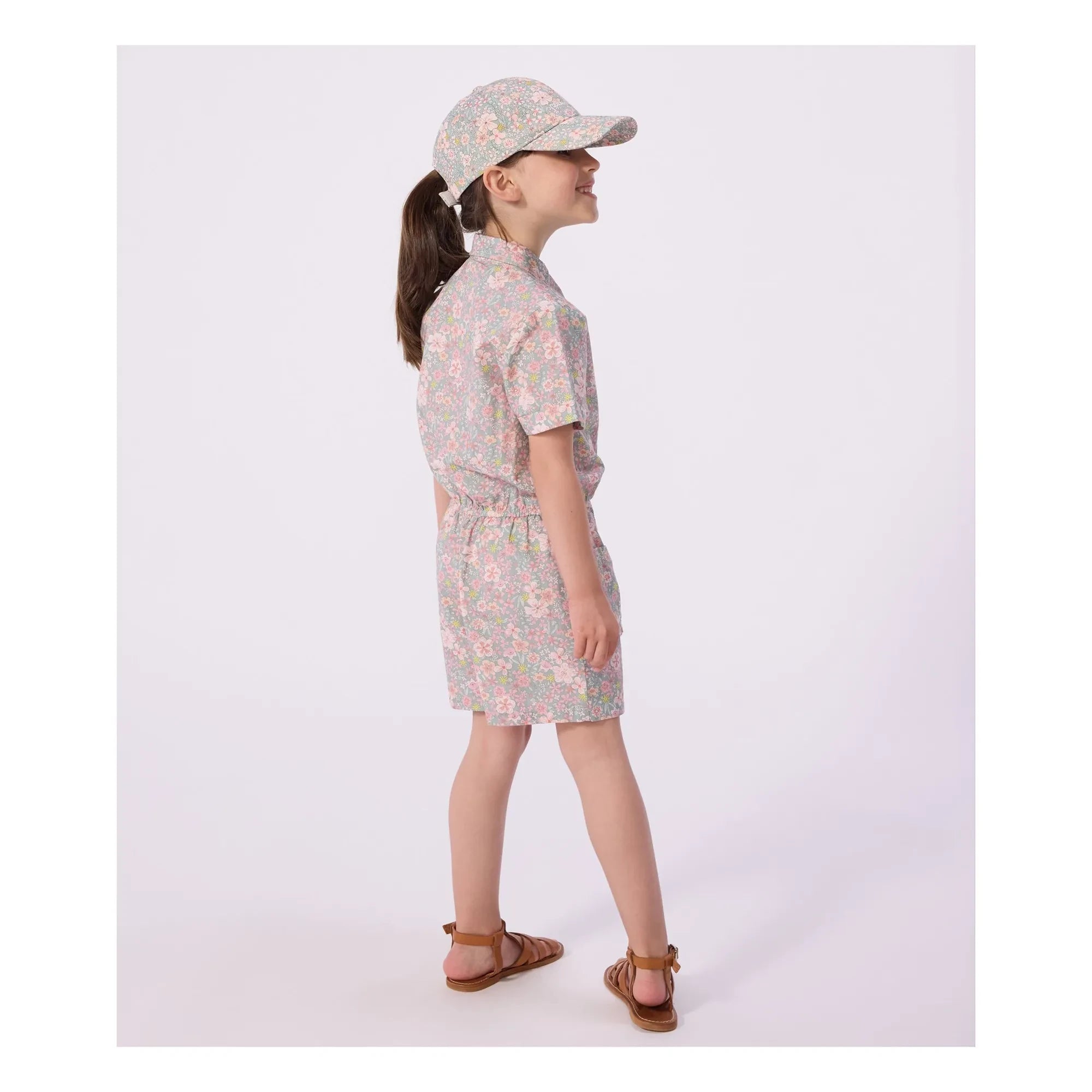 Petit Bateau - Bio-Baumwoll-Poplin-Blumenstrampler | Grau-Blau