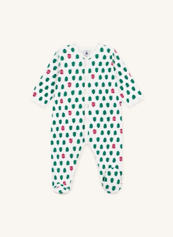Petit Bateau - Kürk Ağacı Ayaklı Kadife Organik Pamuk Pijama | Beyaz