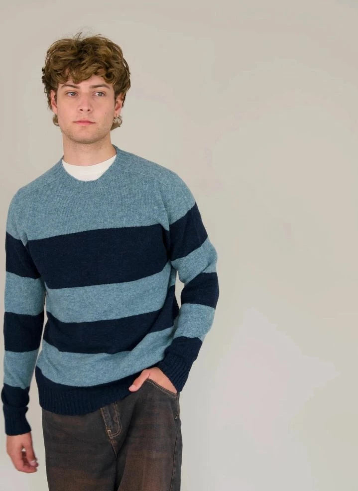 Origin Knitwear - Çizgili Yün Dikişsiz Kazak | Mavi