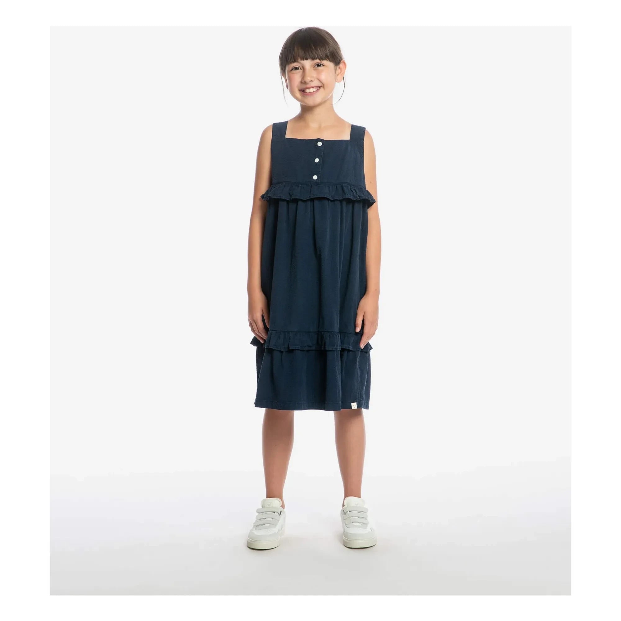 Matona - Vestido con volantes Mi-Long Algodón orgánico | Azul marino