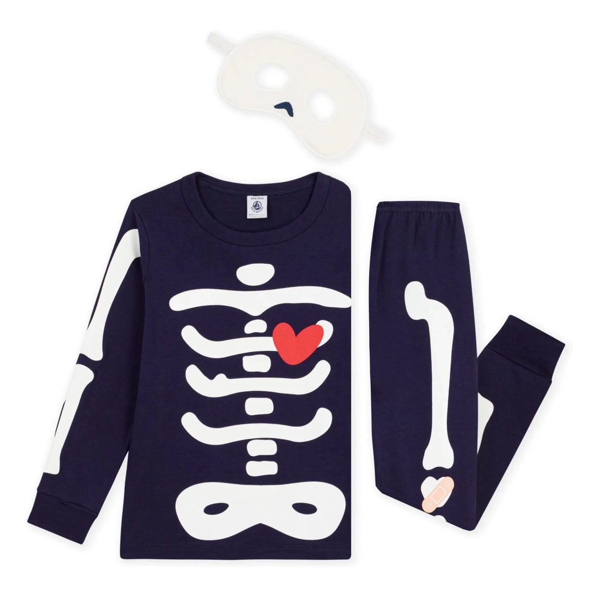 Petit Bateau - Organik Pamuk İskelet Pijama ve Maske Seti | Gece mavisi
