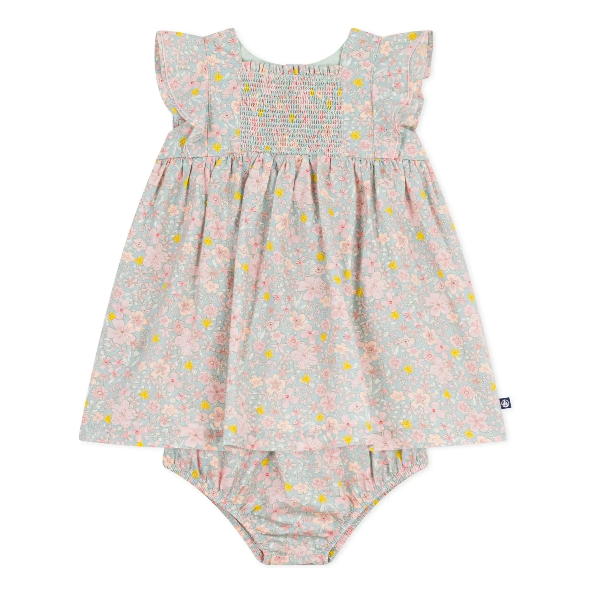 Petit Bateau - Organik pamuklu çiçek desenli elbise ve bloomer seti | Gri mavi