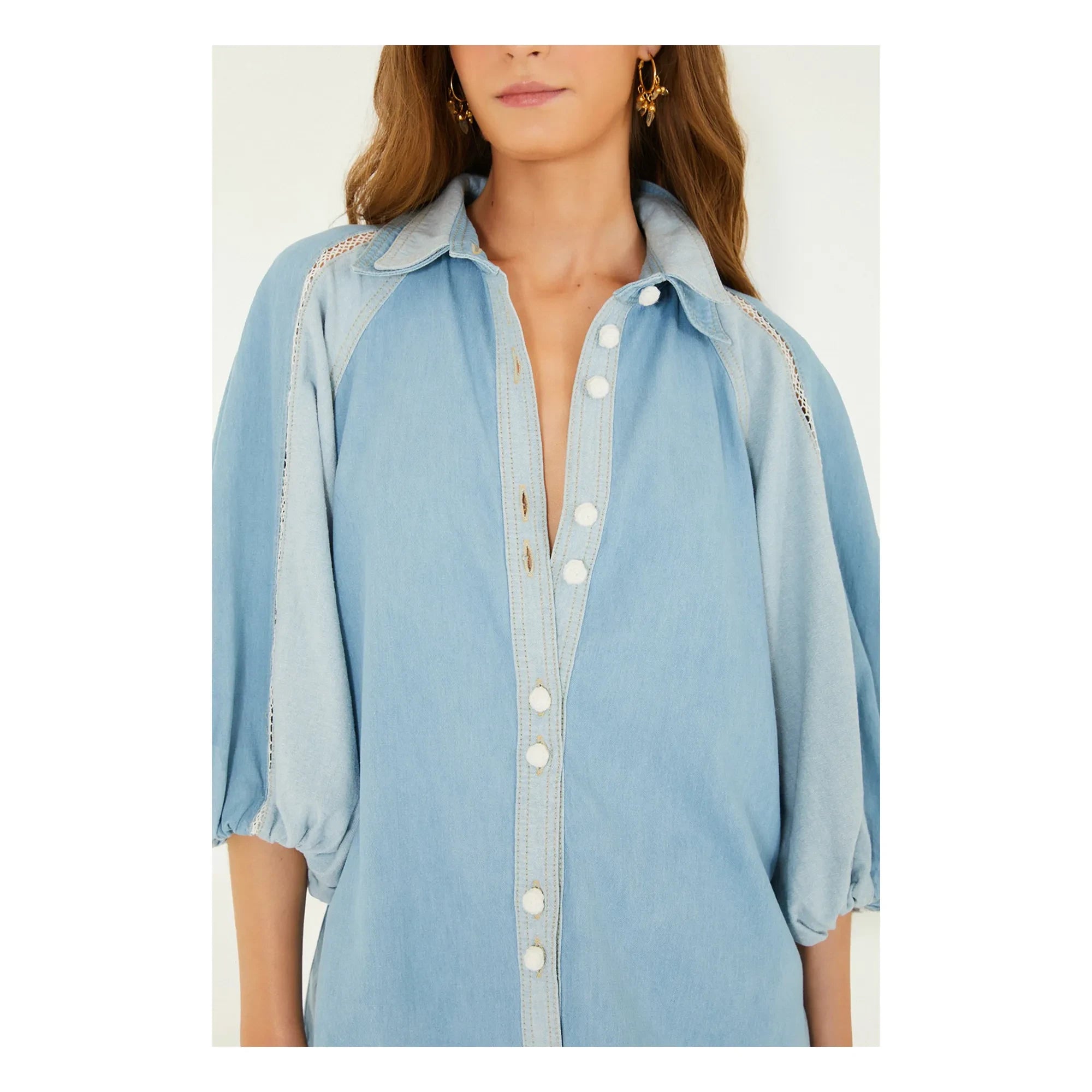 Farm Rio - İki Renkli Denim Bluz | Mavi