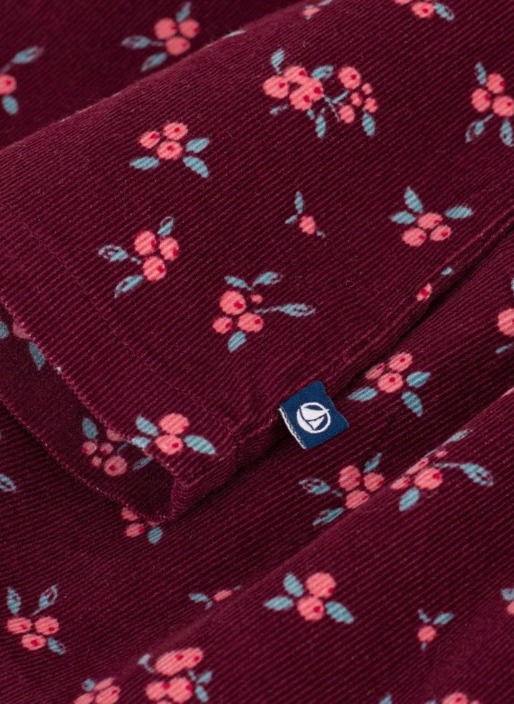 Petit Bateau - Fırfırlı Çiçek Desenli Kadife Organik Pamuk Bluz | Bordo