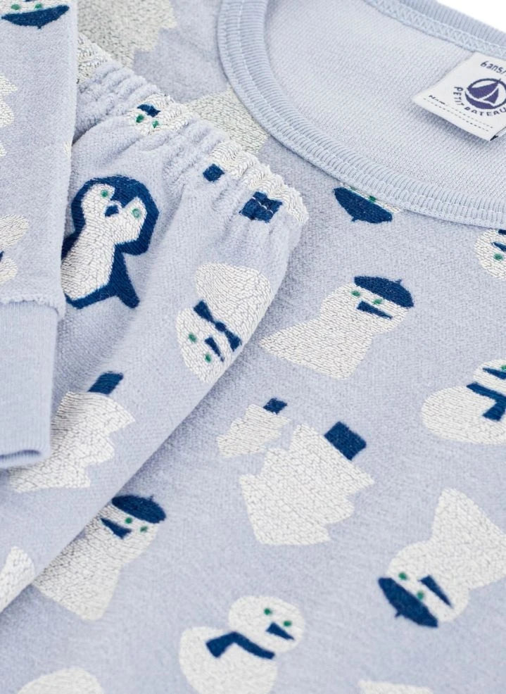Petit Bateau - Kadife Organik Pamuk Kar Adamlı Pijama | Gri mavi