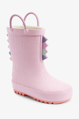 Dinossi - Pink Dinosaur Soft Sole Girl Polar Fleece Rain and Winter Boots with Handles - 29