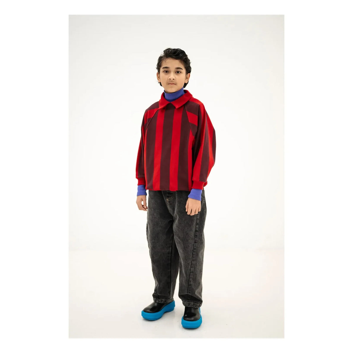 Repose AMS - Çizgili Organik Pamuklu Polo Yaka Sweatshirt | Kırmızı