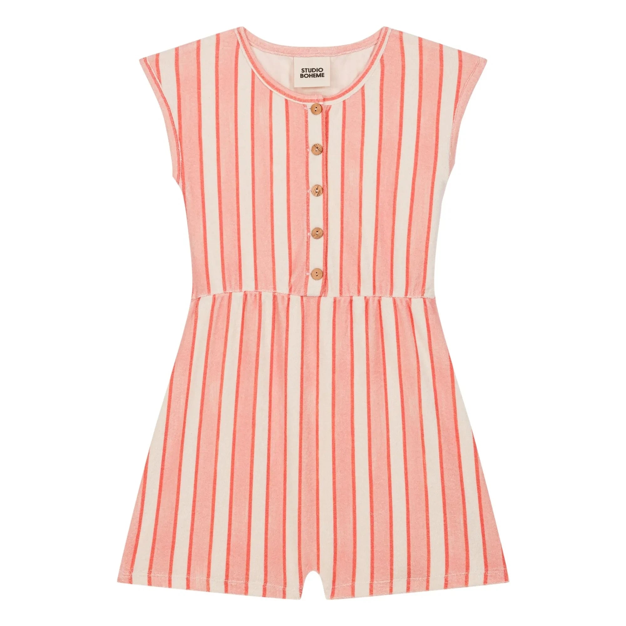 Studio Bohème - Loulou Gestreifter Bio-Baumwoll-Frottee-Overall | Rosa