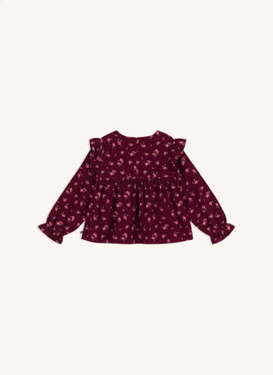 Petit Bateau - Fırfırlı Çiçek Desenli Kadife Organik Pamuk Bluz | Bordo