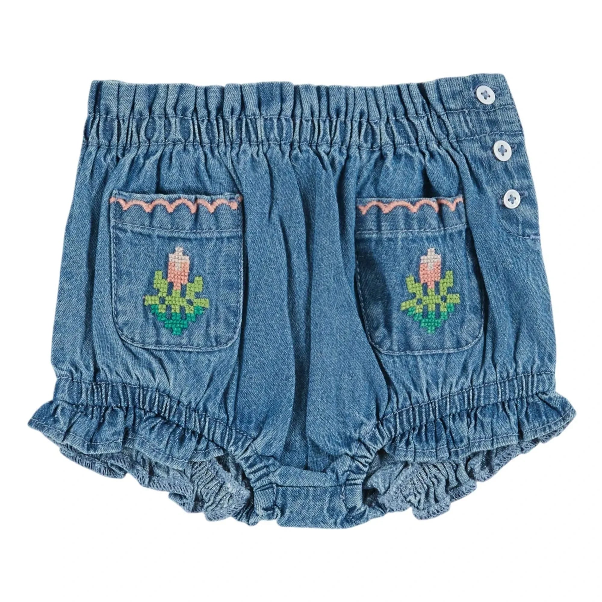 Emile et Ida - Çiçek İşlemeli Cepli Denim Bloomer | Mavi