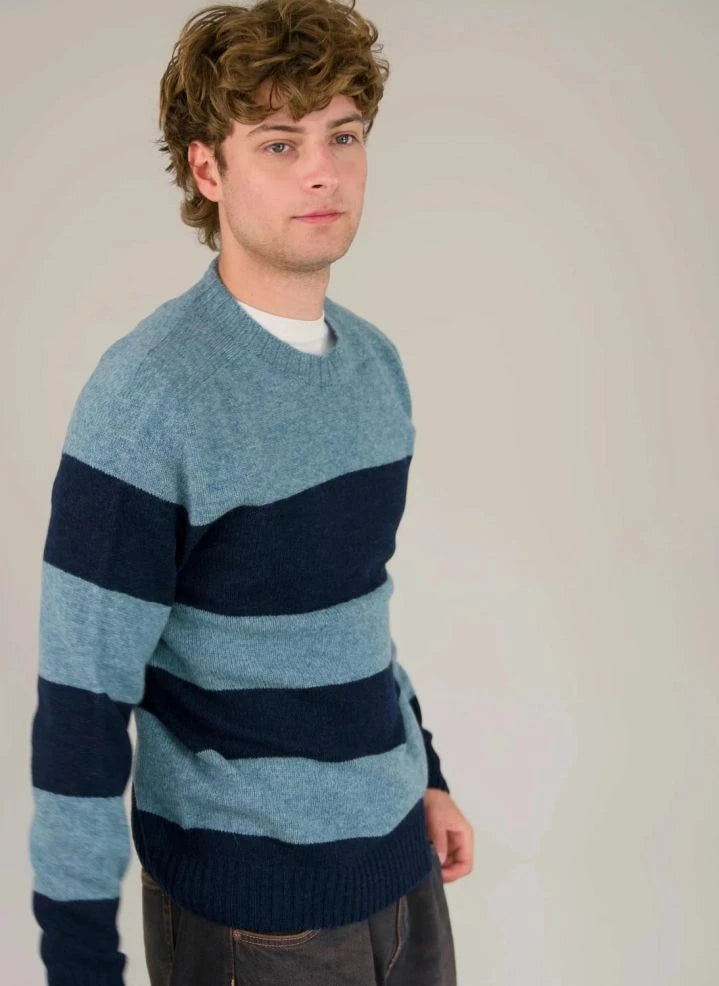 Origin Knitwear - Çizgili Yün Dikişsiz Kazak | Mavi