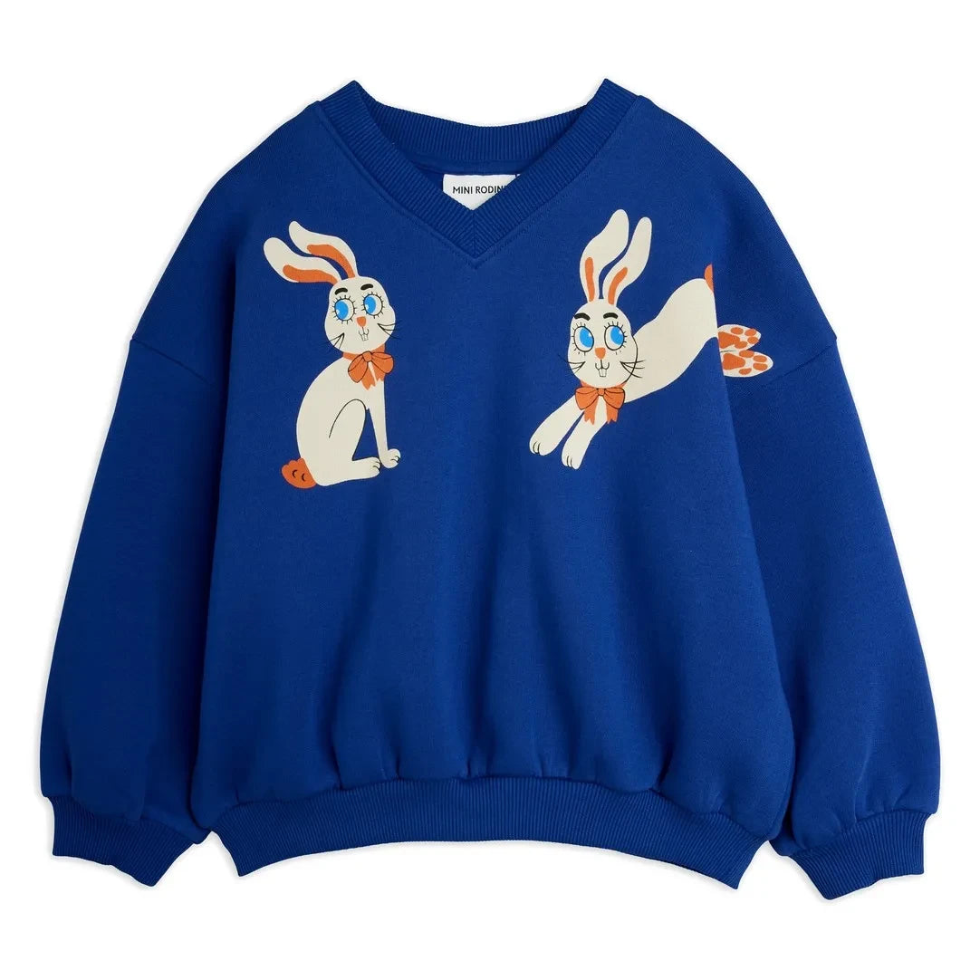 Mini Rodini - V-Ausschnitt-Sweatshirt Rabbits Bio-Baumwolle | Blau