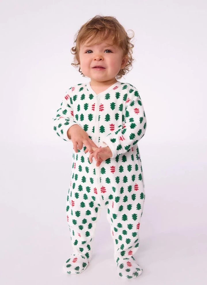 Petit Bateau - Kürk Ağacı Ayaklı Kadife Organik Pamuk Pijama | Beyaz
