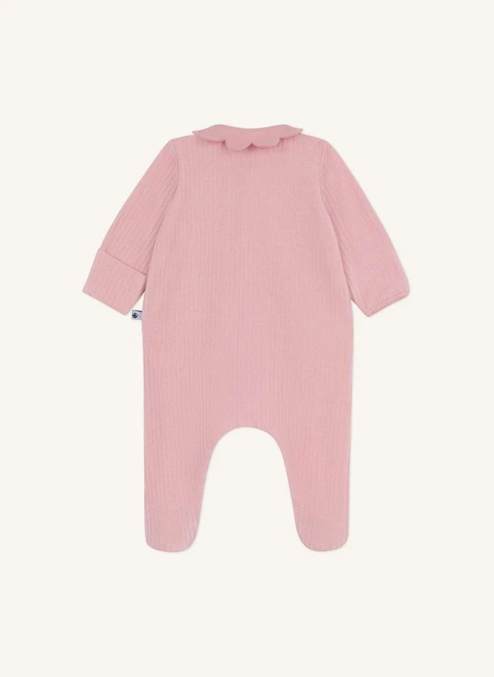 Petit Bateau - Dors Bien Kabartmalı Fırfırlı Yaka Organik Pamuklu Pijama | Pembe