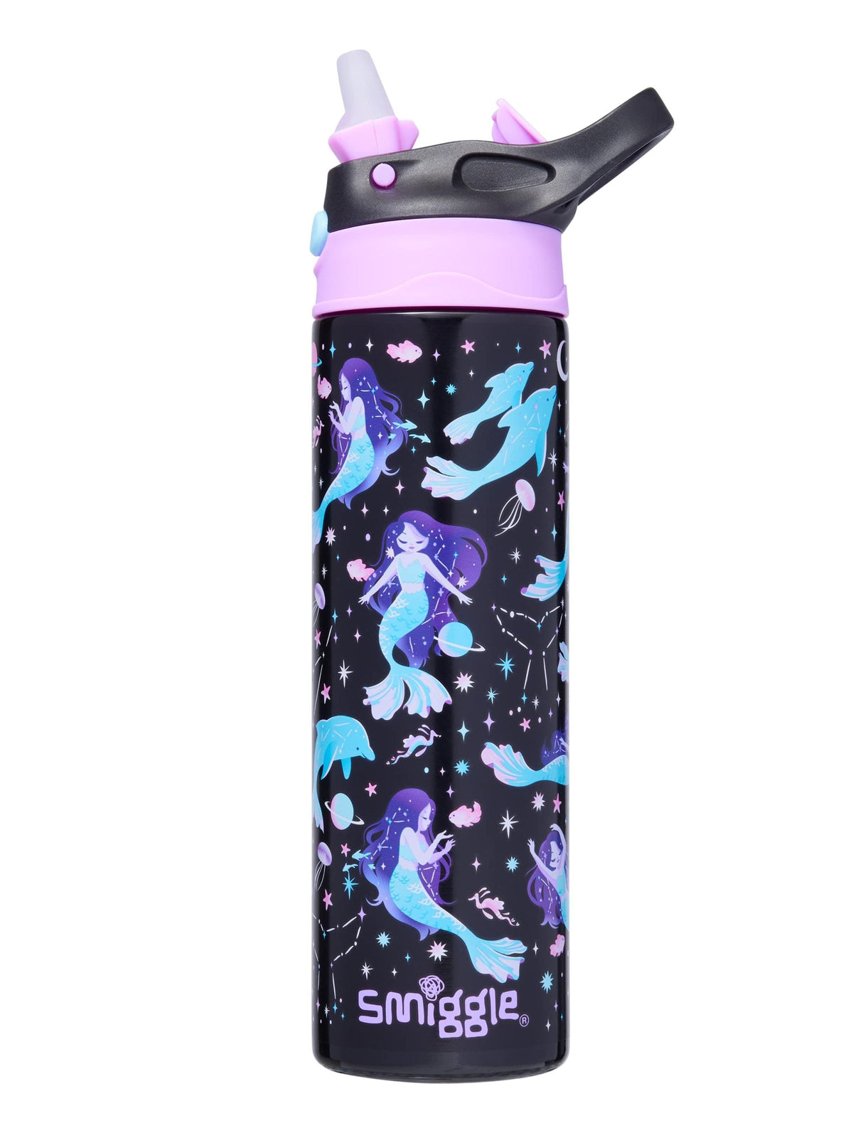 Smiggle – Limitless Automatik-Flasche aus Edelstahl, 520 ml, mit Strohhalm