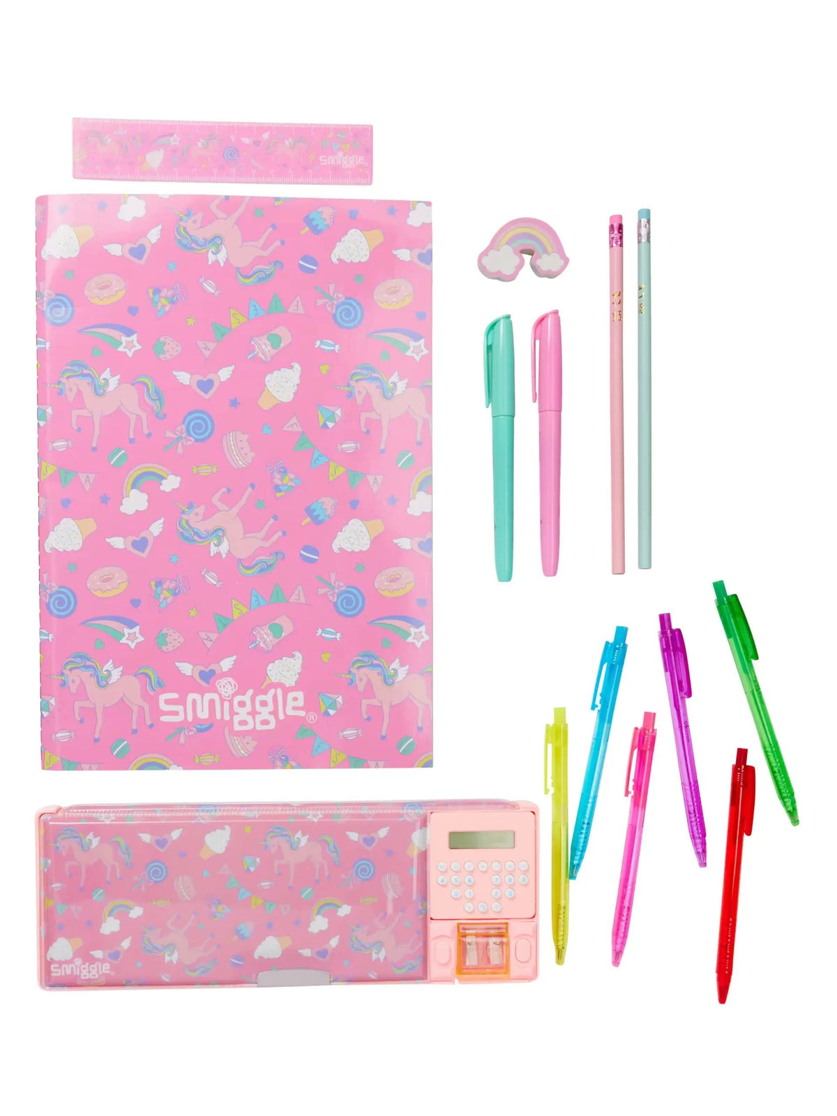 Smiggle – Pop Out Good Times Automatisches Federmäppchen mit Taschenrechner und Schreibwaren-Set